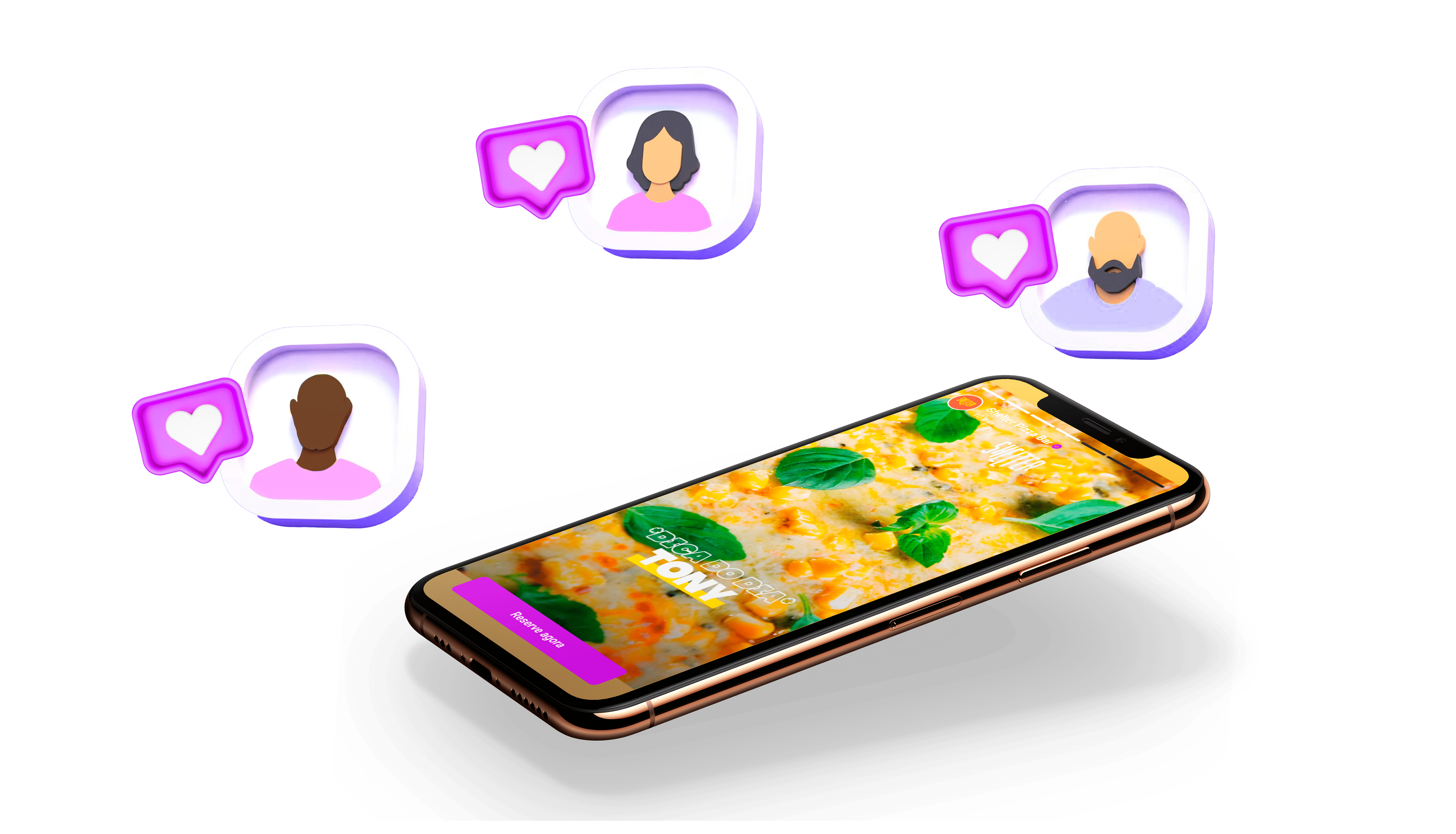 Avatares com ícones de interação em cima de um celular mostrando o produto Moments.